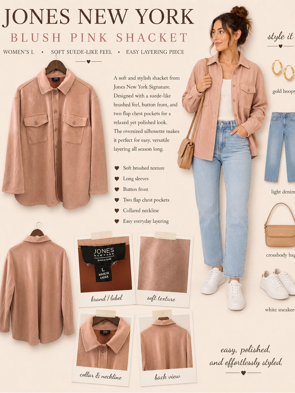 Jones New York Blush Pink Shacket - Women's Suede-Look Button Front Jacket